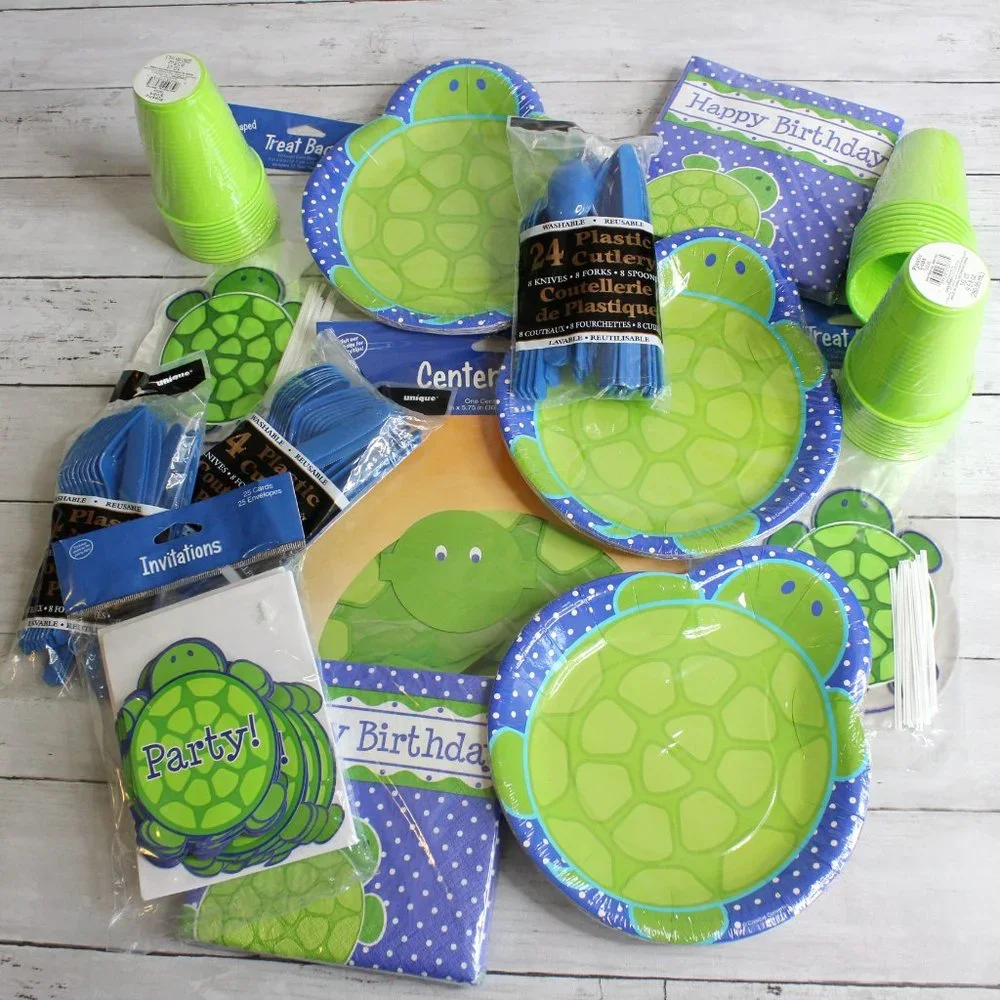 Kid Birthday Party LOT Turtle Plates Invitations Disposable Paper